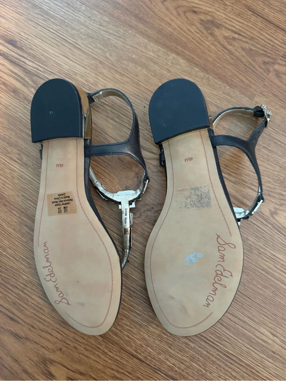 Sam Edelman Black Jeweled T-Strap Sandals with Gold Accents